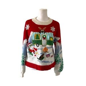 Hooked Up Medium Christmas sweater Santa camping reindeer
